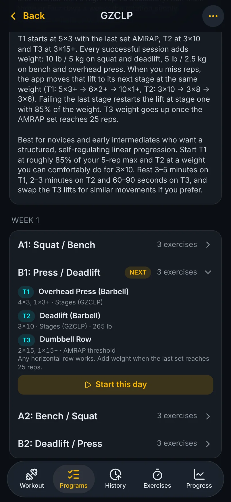 The GZCLP program in Aether, with its progression rules and the next day’s lifts