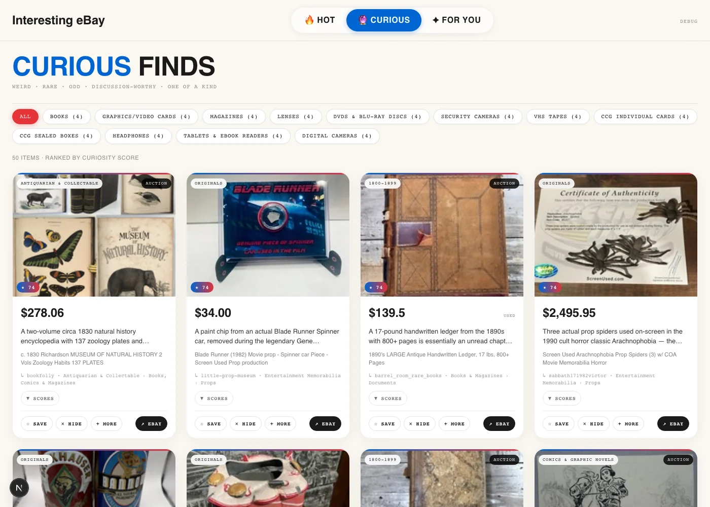 Curious Finds feed of rare listings