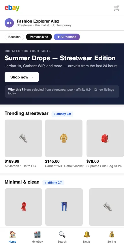 Homepage personalized for a streetwear shopper