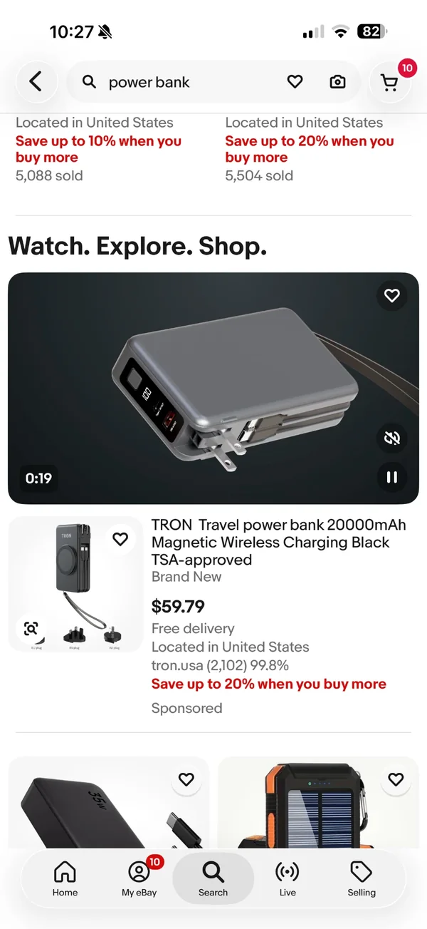Featured Item Card playing a product video in eBay search on iPhone